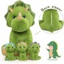 Grüner Dinosaurier-Plüsch, 62 cm großer Triceratops, weiches Baumwoll-Plüschtier mit 3 Baby-Dinosauriern