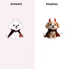 Fabricante de peluches de personajes personalizados Muñeco de peluche de cachorro diablo personalizado con capa roja